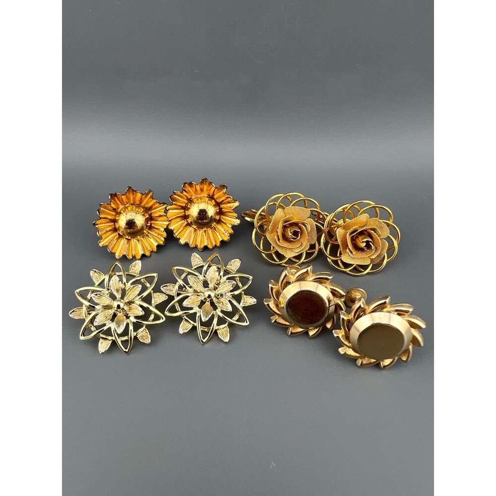 Vintage Flower Earrings Lot Gold Tone Dimensional 2 Signed 1 Vermeil Clip Screw